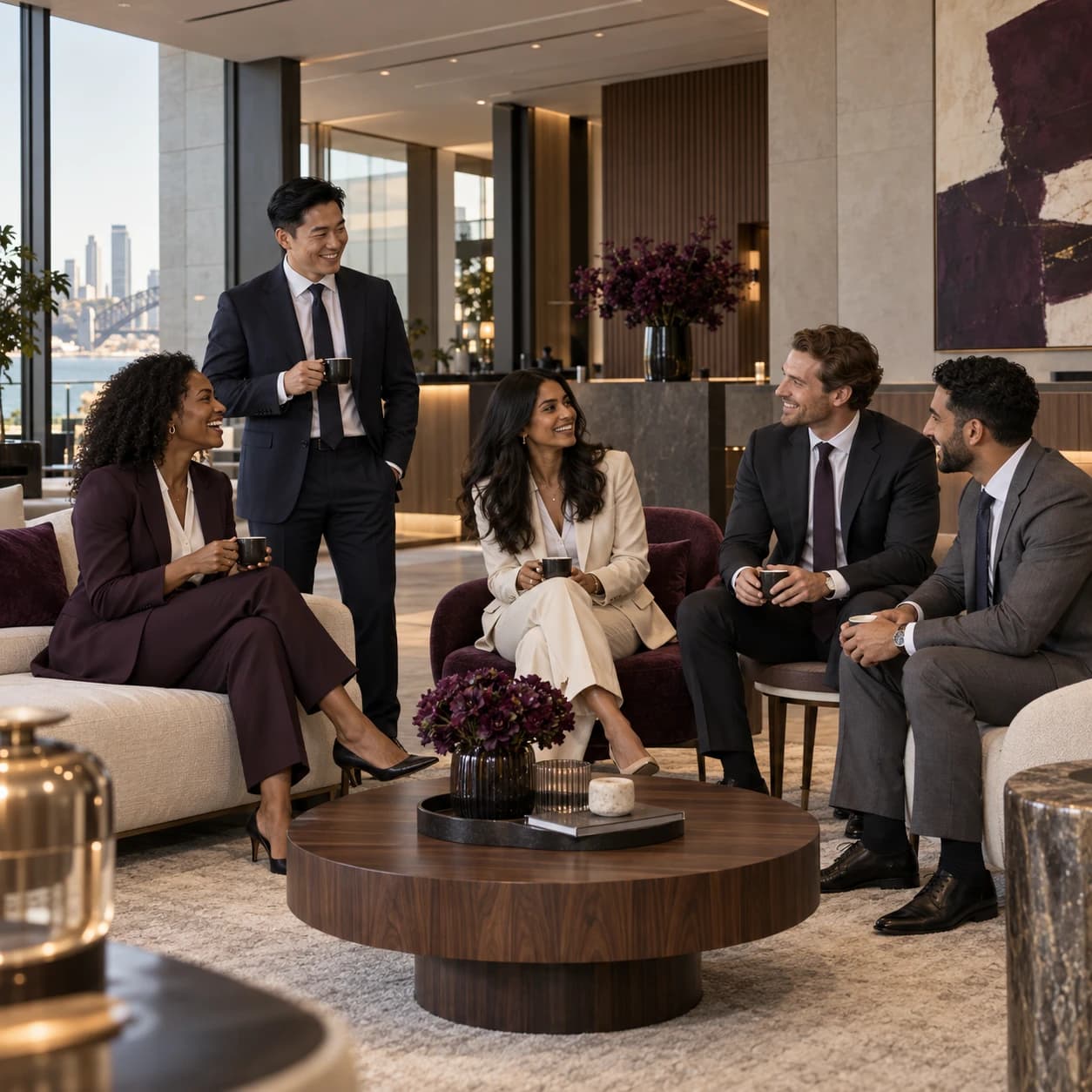 Colleagues sharing a coffee in a professional office lounge